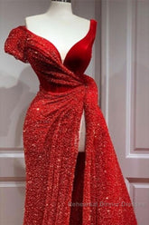 A-Line Sparkle & Shine High Split Semi Formal Prom Formal Evening Dress V Neck Short Sleeve Court Train Satin With Sequin Slit